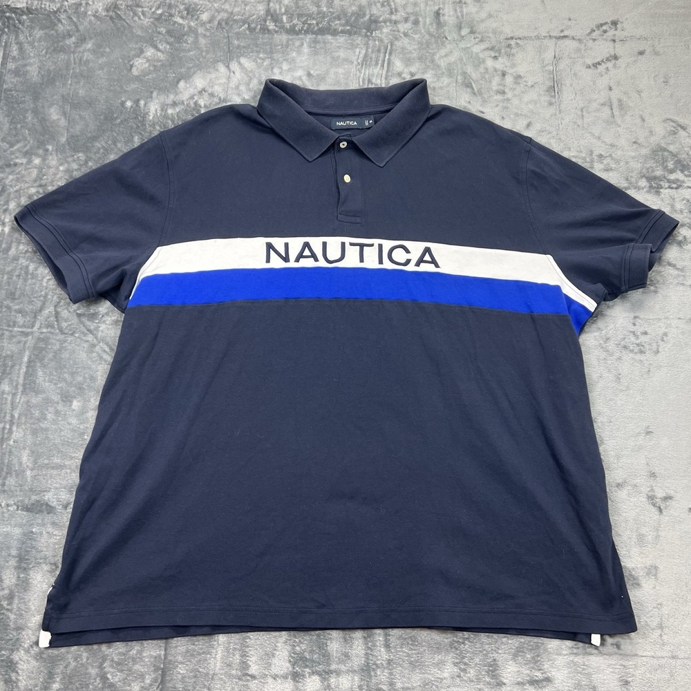 Vintage Nautica 4XL Spellout Color Block Embroidered‎ Polo Shirt Blue & White
